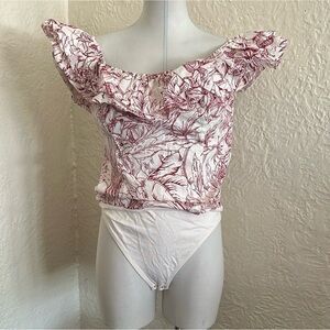 ✨ Express Ruffle Bodysuit – Ivory with Maroon Leaf Print (NWT, Size Large)
